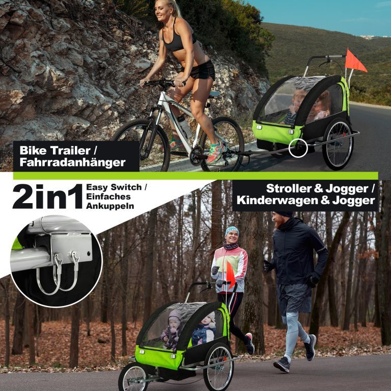 Sportovní kočárek pro 2 děti za kolo / na běhání / na inline, zelený
