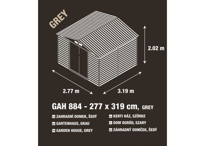 Plechový domek na nářadí / dílna / garáž, šedý, 277x198x319 cm