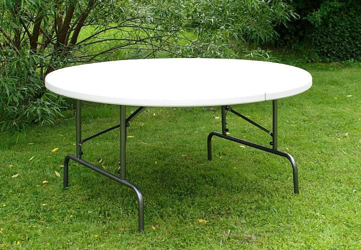 Větší skládací zahradní stůl s kovovým rámem, horní deska plast, bílý, průměr 160 cm