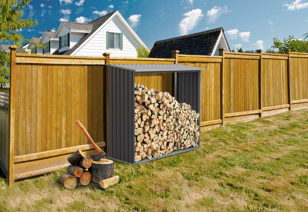 Zahradní domek na dřevo, ke stěně / plotu, kov, šedý, 182x160x75 cm