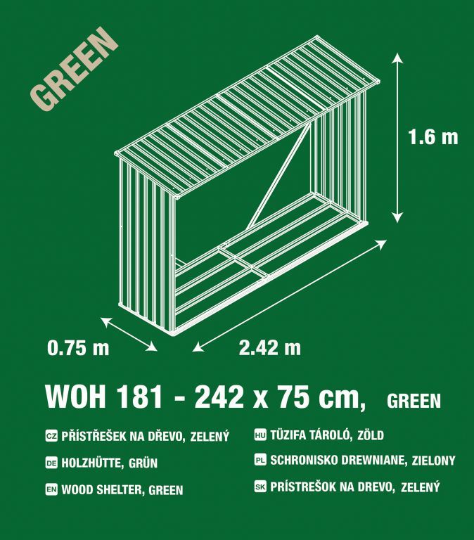 Zahradní domek na dřevo, ke stěně / plotu, kov, zelený, 242x160x75 cm