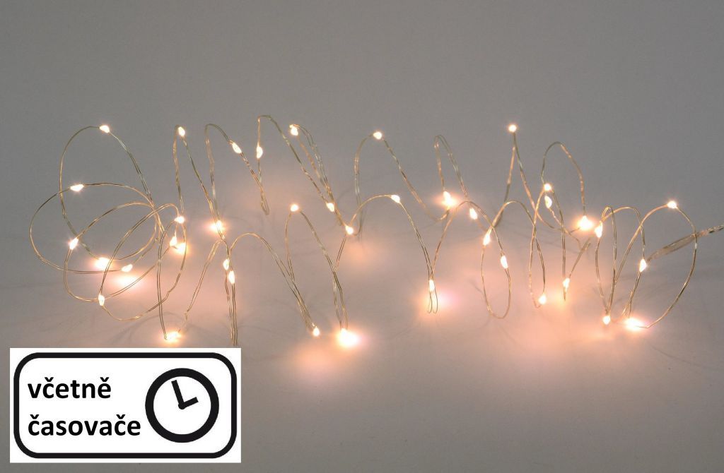 Vánoční světelná výzdoba - mikro LED diody na drátku, teple bílé, na baterie, 5,9 m