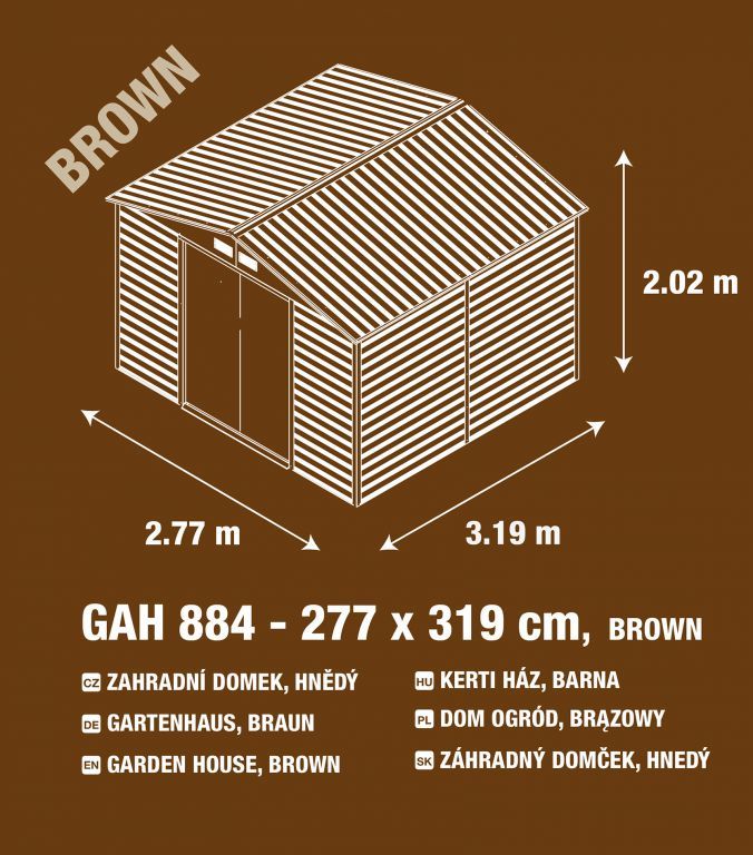 Kovový zahradní domek v imitaci dřeva hnědý, posuvné uzamykatelné dveře, 277x319x198 cm