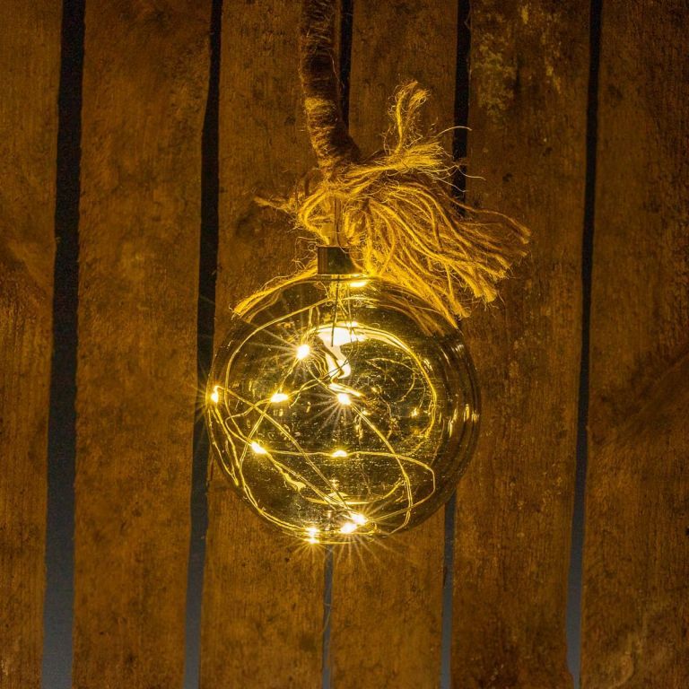 Vánoční baňka se světelným řetězem uvnitř, na laně, vnitřní, na baterie, časovač, průměr 10,5 cm