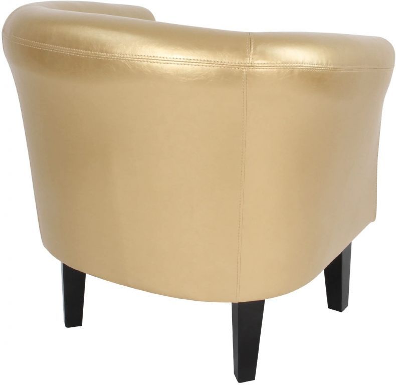 Relaxační retro klubové křeslo koženého vzhledu, ozdobné cvoky, zlaté, dřevěné nohy
