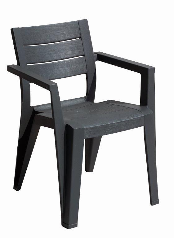 Zahradní / terasová plastová židle s nižším opěradlem a područkami, tmavě šedá (grafit)