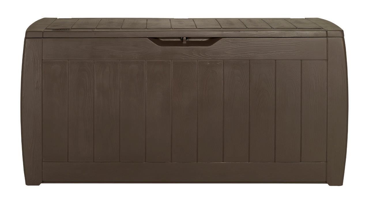 Úložný box na balkon / terasu plastový tmavě hnědý, imitace dřeva, 270 L, 117,5x45x57,3 cm