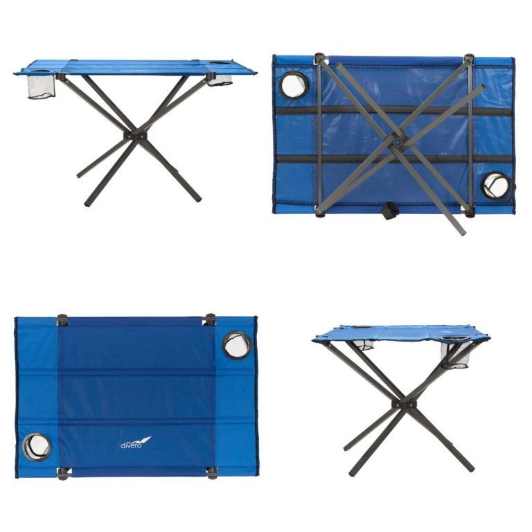 Přenosný outdoorový stolek skládací, kov / textil, modrý, 80x50 cm