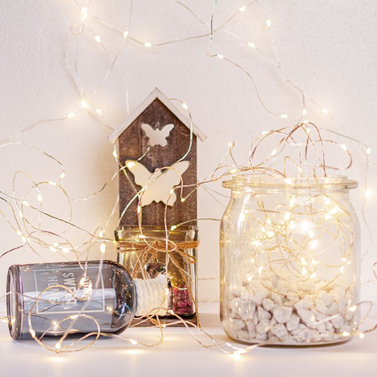 2x mini vánoční dekorativní řetěz s LED diodami na baterie, venkovní + vnitřní, teple bílý, 10 m