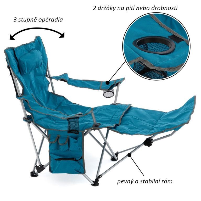 2x kempingová židlička s odnímatelnou podnožkou, nastavitelné opěradlo, modrá