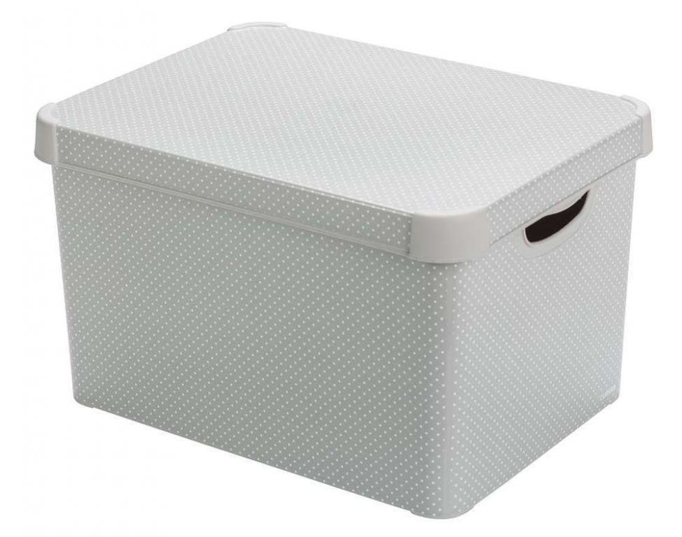 Plastový úložný box dekorativní s puntíky, uzaviratelný s víkem, šedý, 39,5x29,5x25 cm