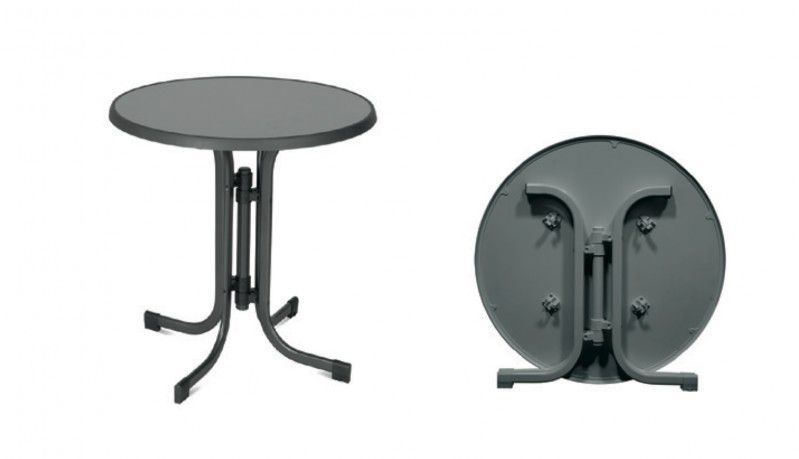 Masivní skládací stůl s kovovou konstrukcí, kulatý, průměr 85 cm