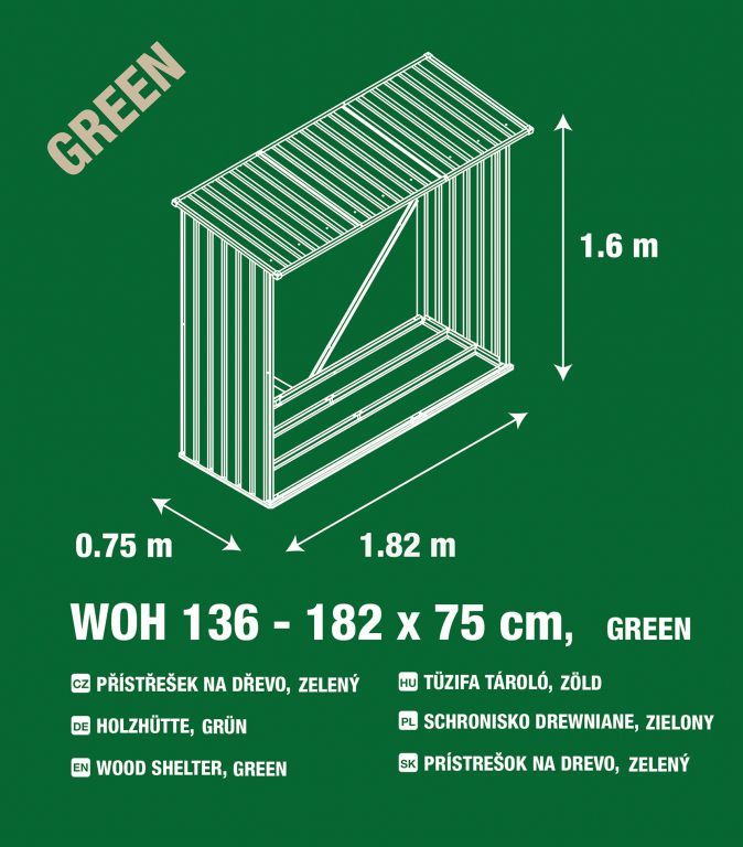 Zahradní domek na dřevo, ke stěně / plotu, kov, zelený, 182x160x75 cm