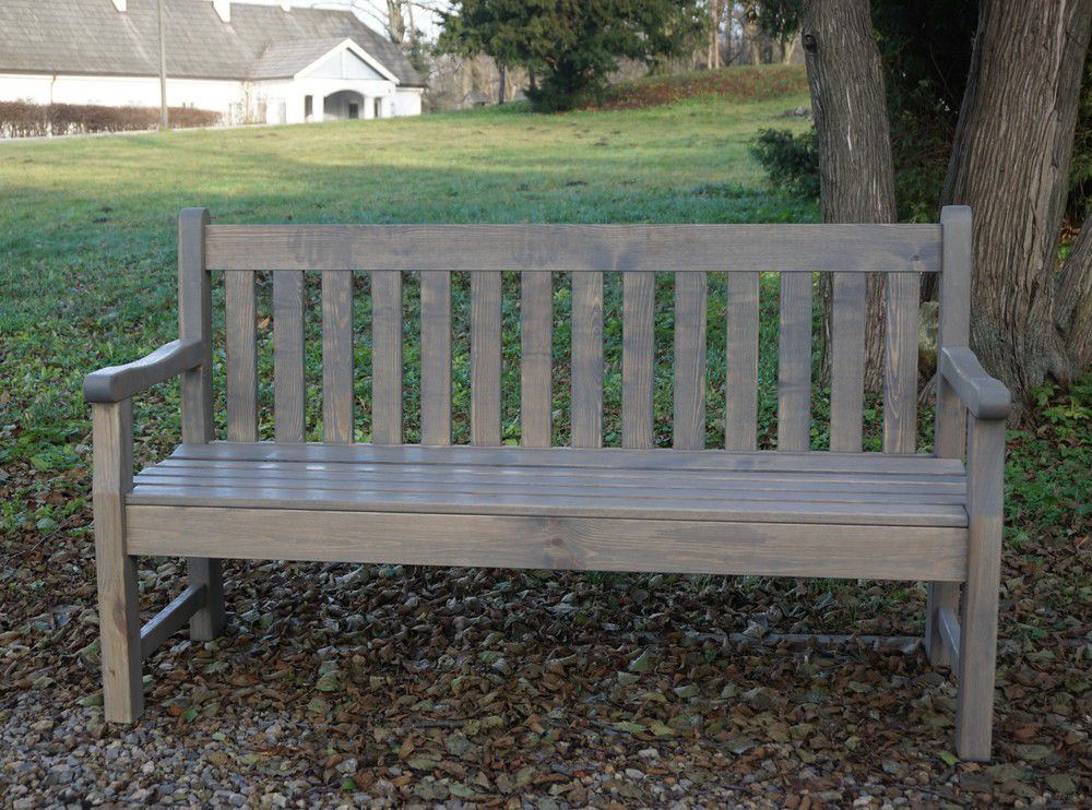 Venkovní odpočinková dřevěná lavička s opěradlem, šedá, 150 cm