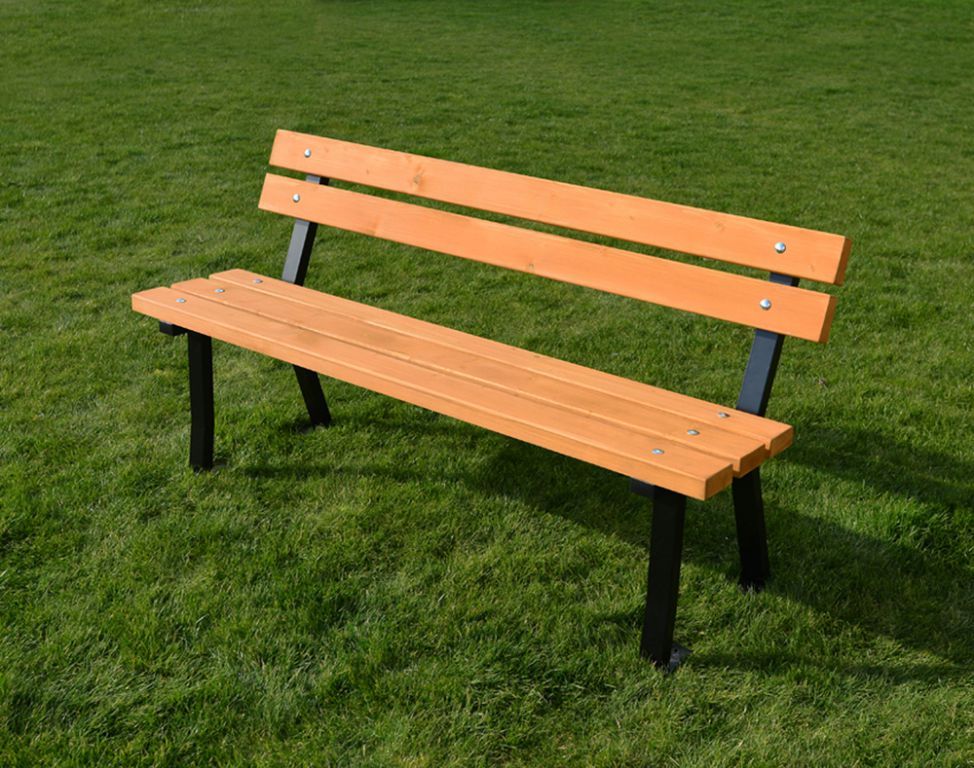 Masivní parková lavička s opěradlem, bez područek, ocel / dřevo, 150 cm