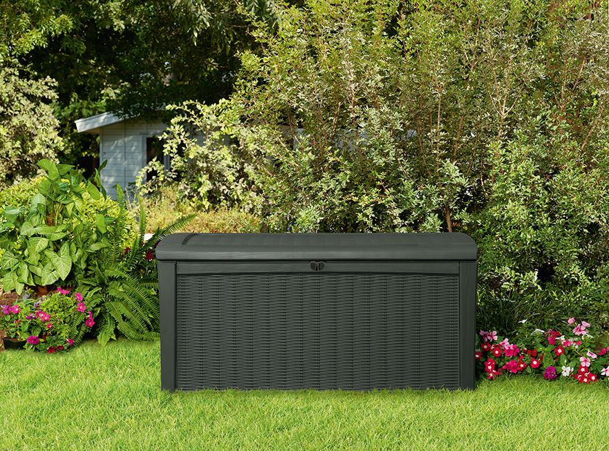 Velký zahradní úložný box, ratanový vzhled, uzamykatelný, antracit, 63x130x70 cm