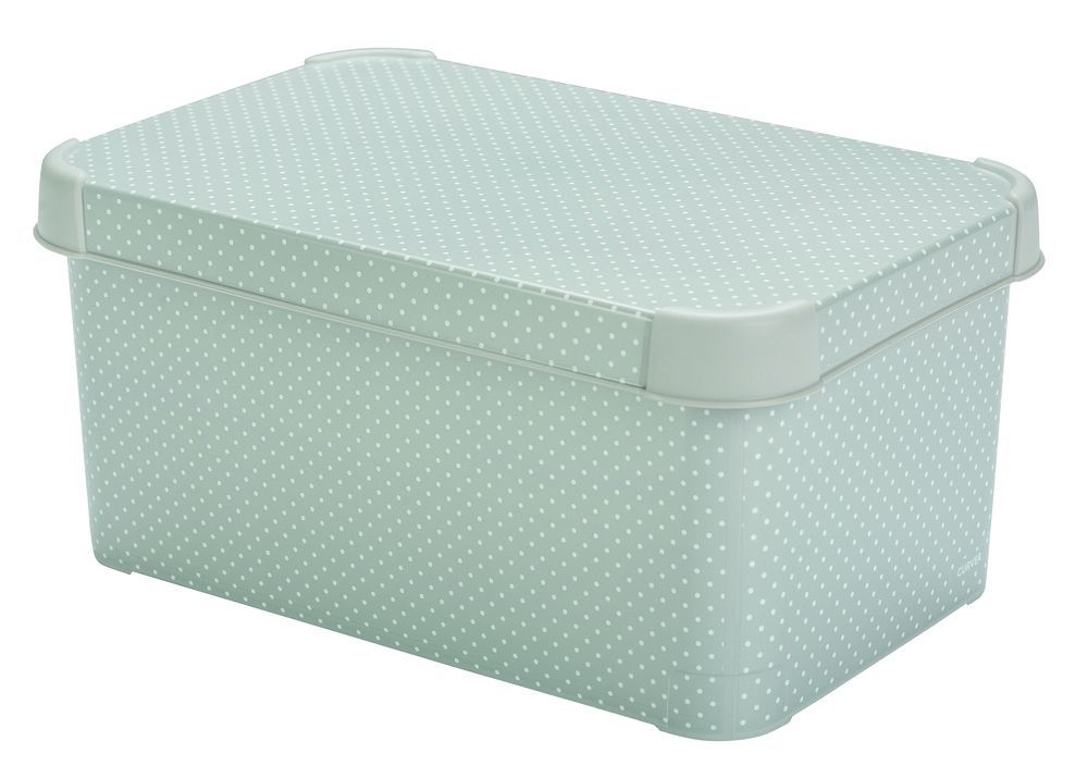 Plastový úložný box dekorativní s puntíky, uzaviratelný s víkem, šedý, 29,5x19,5x13,5 cm
