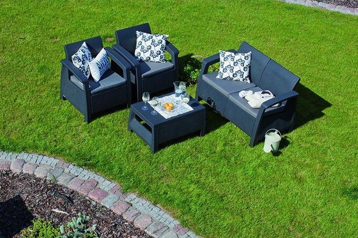 Zahradní ratanový nábytek s lavičkou a menším stolek, pro 4 osoby, antracit