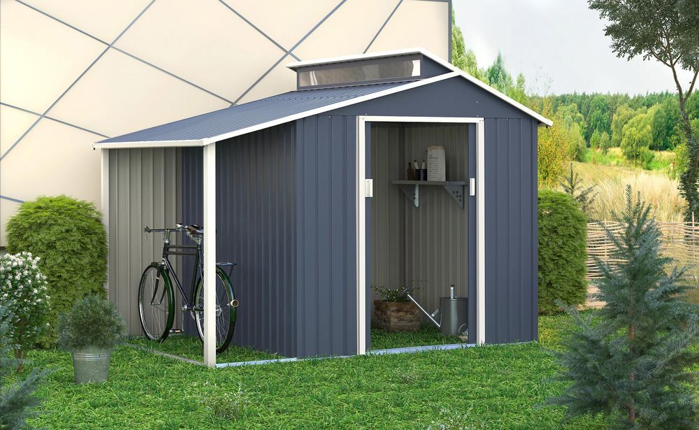 Plechový zahradní domek na nářadí s přístřeškem na kolo, šedý, 292x129x229 cm
