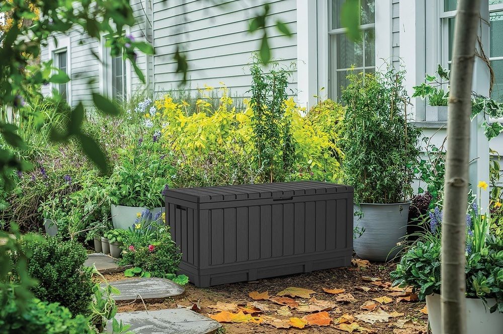 Velký úložný plastový box na zahradu / terasu s možností sezení, tmavě hnědý, 350 L, 59x128x54 cm