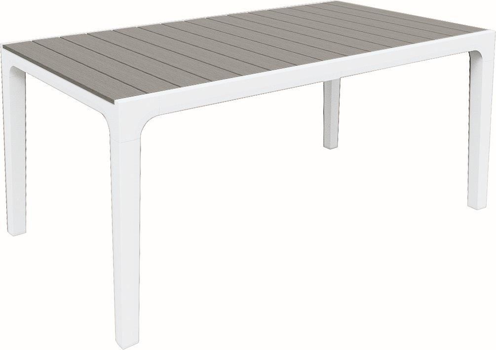 Designový plastový zahradní stůl s horní deskou v imitaci dřeva, bílá / šedá, 160x90 cm