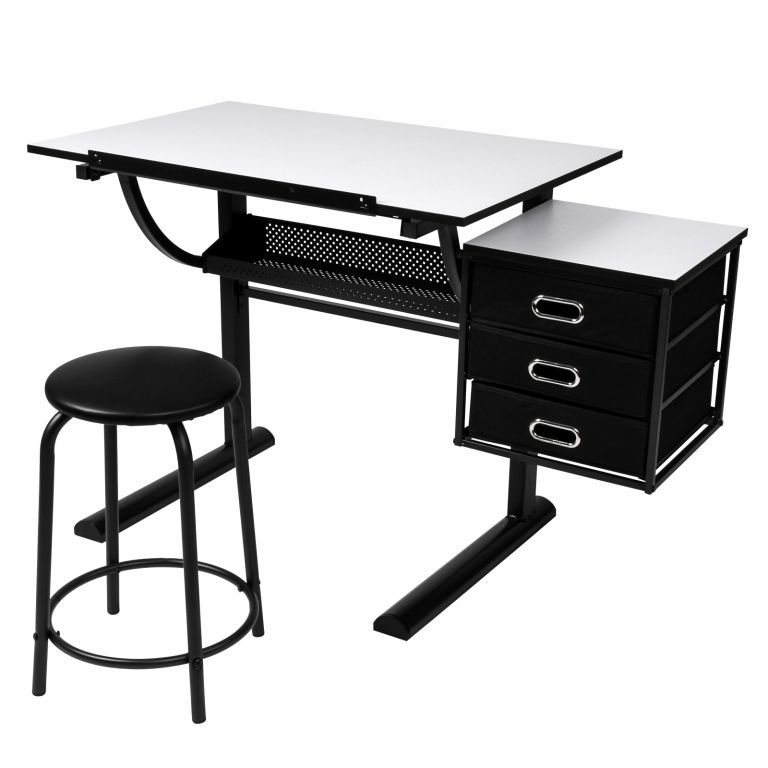Levný naklápěcí pracovní stůl do kanceláře + stolička + šuplíky, černý, 90x75,5x60 cm