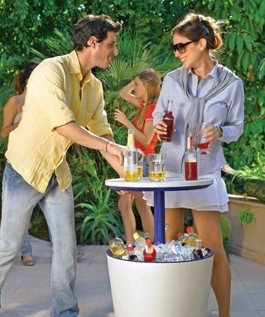 Zahradní stůl / bar na chlazené nápoje, k nasypání ledu, výsuvná horní deska, krémový / hnědý, 49,5x49,5x57 cm