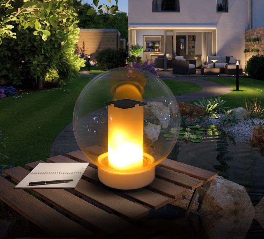 Voděodolné zahradní osvětlení solární koule s imitací plamene, průměr 18 cm