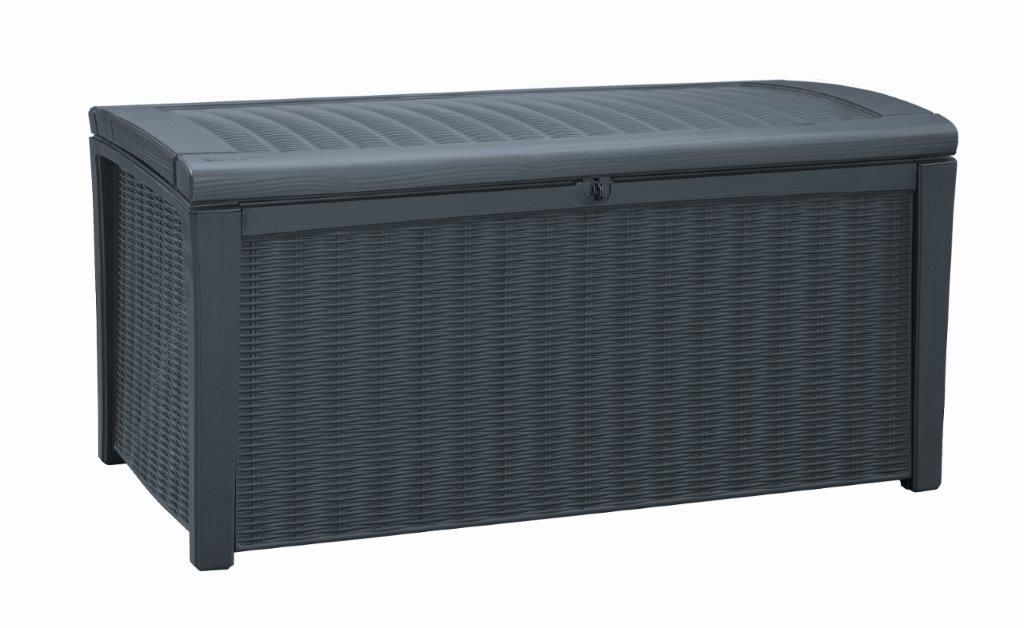 Velký venkovní úložný box na polstry a nářadí, uzamykatelný, plynové písty, grafit, 416 L, 129,5x62,5x70 cm
