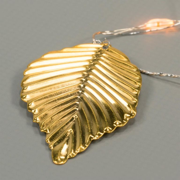 Zlatý svítící řetěz na baterie do bytu, s perlami a lístky, teplá bílá, 1,5 m