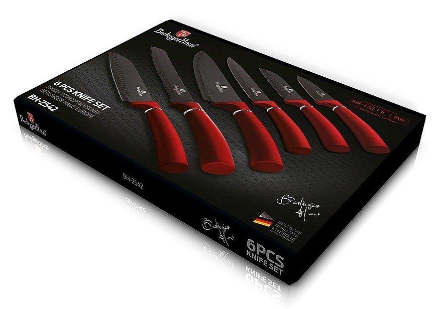 Luxusní sada kuchyňských nožů s nepřilnavým povrchem, černá / metalická červená, 6 ks