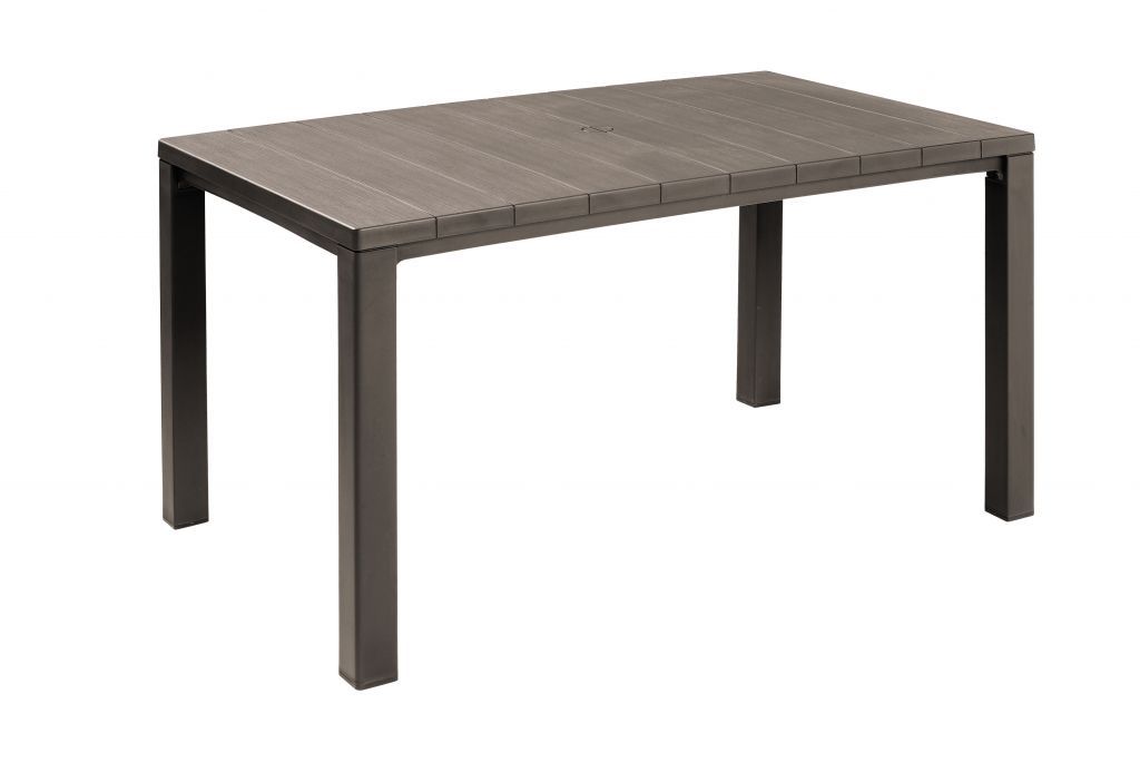 Větší venkovní moderní plastový stůl pro 6 osob, otvor na slunečník, cappuccino (světle hnědý), 147x90 cm