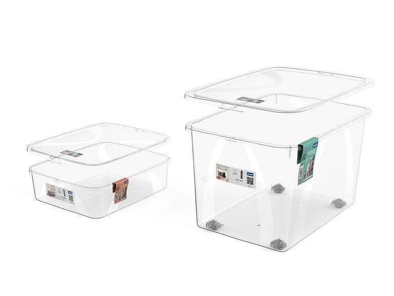 Průhledný box krabice s víkem pro uložení věcí v domácnosti / v dílně, kolečka, 50 L, 39x33x57 cm