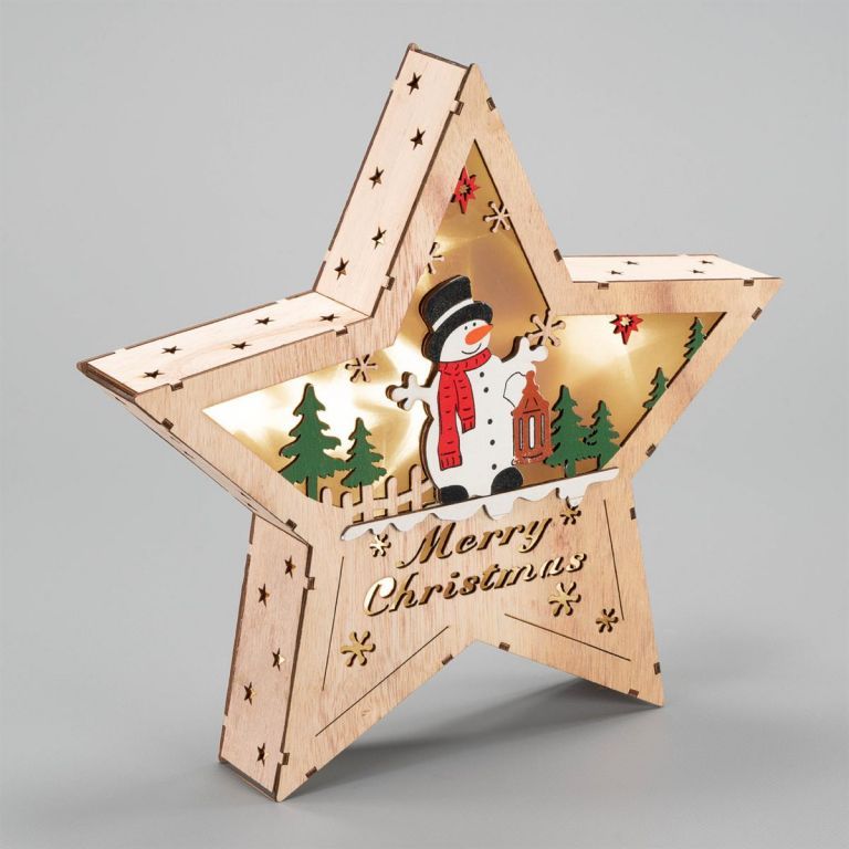 Dřevěná svítící hvězda 3D k postavení vyřezávaná- obrázek sněhulák, do bytu, na baterie, 30 cm
