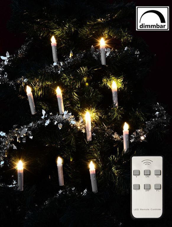Elektrické vánoční svíčky na stromeček venkovní + vnitřní na baterie, teple bílé led, 10 ks, dálkový ovladač