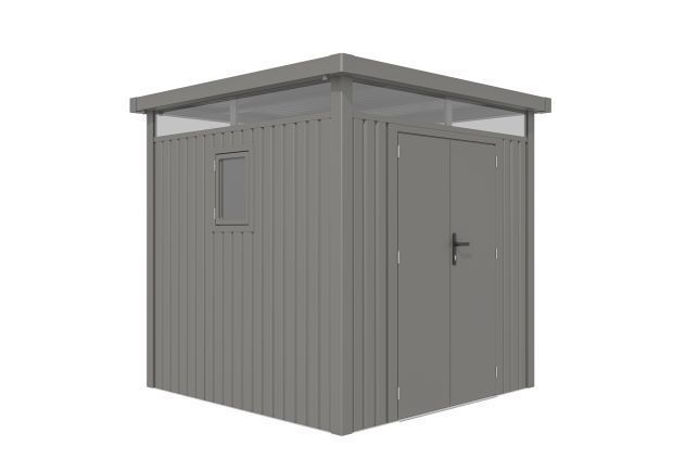 Stavebnicový kovový zahradní domek s plochou rovnou střechou šedý 230x230x222 cm