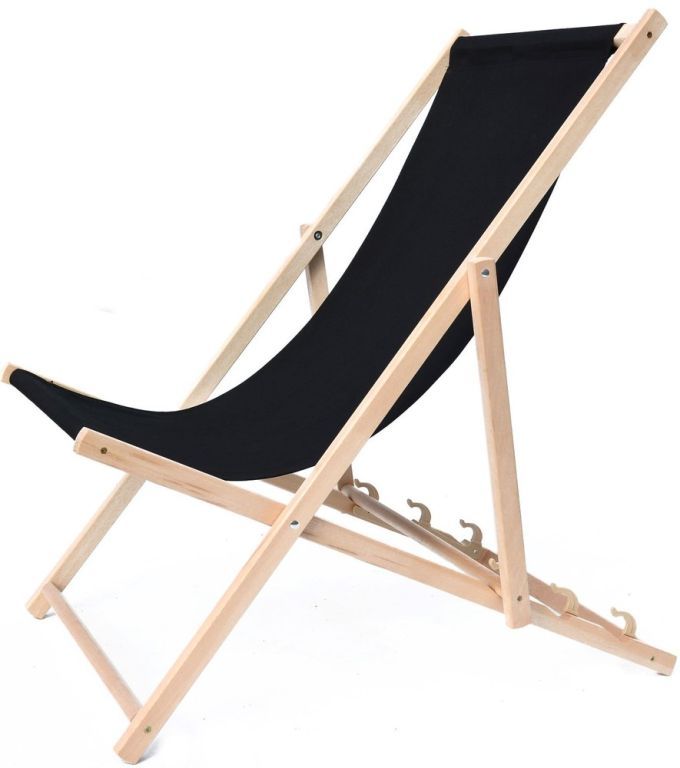 Venkovní relaxační křeslo dřevěné s látkovým potahem, skládací, polohovatelné, černé