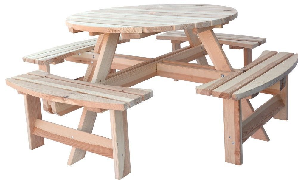 Dřevěný pivní set masiv nelakovaný, kulatý stůl, pro 8 osob, průměr 180 cm