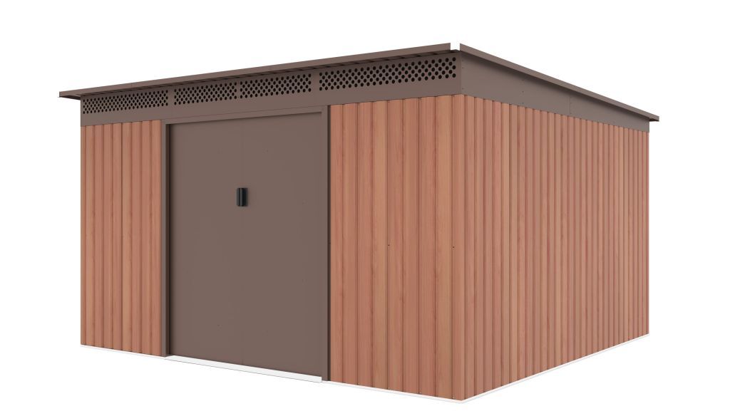 Plechová zahradní garáž na kola / sekačku / nářadí, plochá střecha, hnědý, 340x333x191 cm