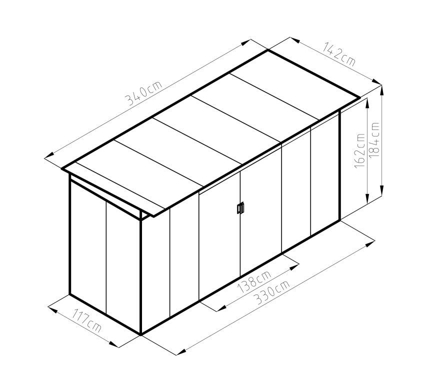 Plechová zahradní garáž na kola / sekačku / nářadí, plochá střecha, hnědý, 340x142x184 cm